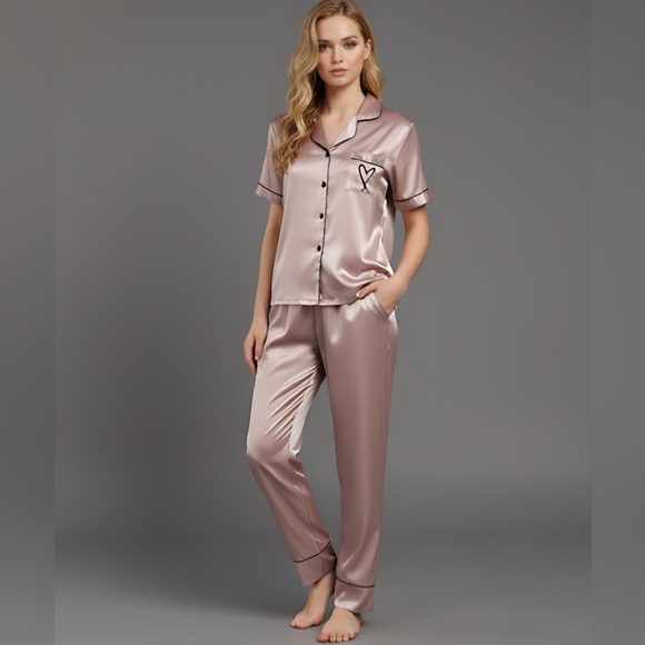 Heart Embroidery Satin Pyjama Set - Picture 1 of 7